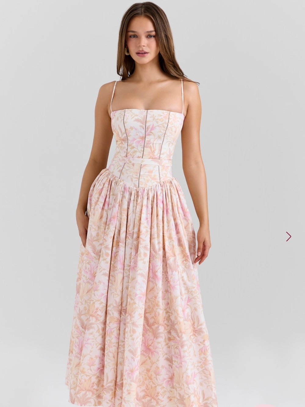 House of CB “YSABELLA” Peach Floral Print Stretch Cotton Midi Sundress